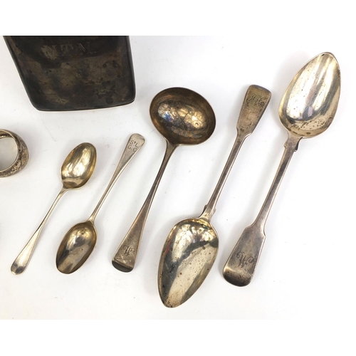 721 - Silver items comprising two large Georgian spoons, Georgian ladle, hip flask, three napkin rings and... 