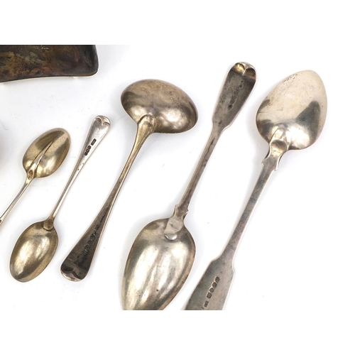 721 - Silver items comprising two large Georgian spoons, Georgian ladle, hip flask, three napkin rings and... 