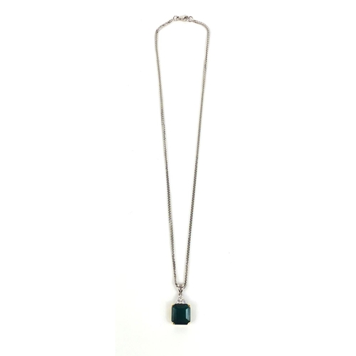 760 - 18ct gold emerald and diamond pendant on a 18ct white gold necklace, the pendant 2.5cm long, approxi... 