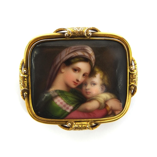 762 - Victorian unmarked gold mourning brooch, the porcelain panel hand painted with a mother and child, e... 