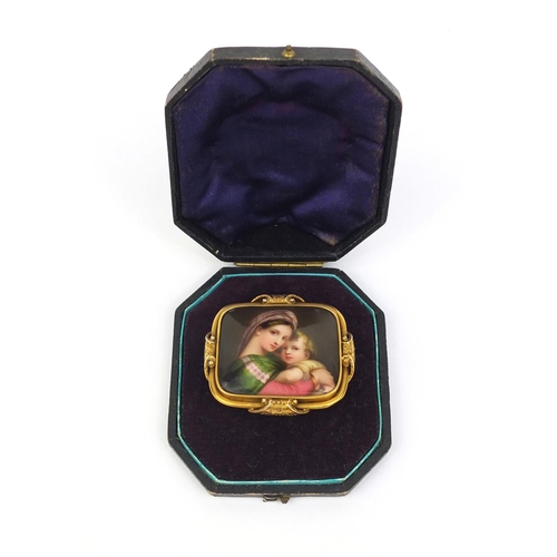 762 - Victorian unmarked gold mourning brooch, the porcelain panel hand painted with a mother and child, e... 