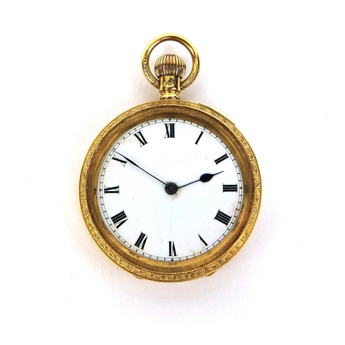 883 - 18ct gold ladies pocket watch with floral chased decoration, 3.5cm in diameter, approximate weight 3... 