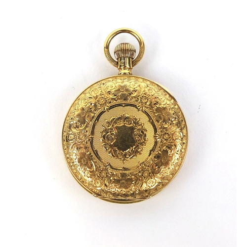 883 - 18ct gold ladies pocket watch with floral chased decoration, 3.5cm in diameter, approximate weight 3... 