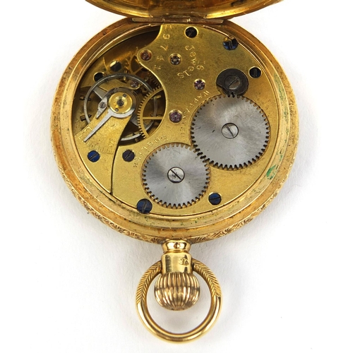 883 - 18ct gold ladies pocket watch with floral chased decoration, 3.5cm in diameter, approximate weight 3... 