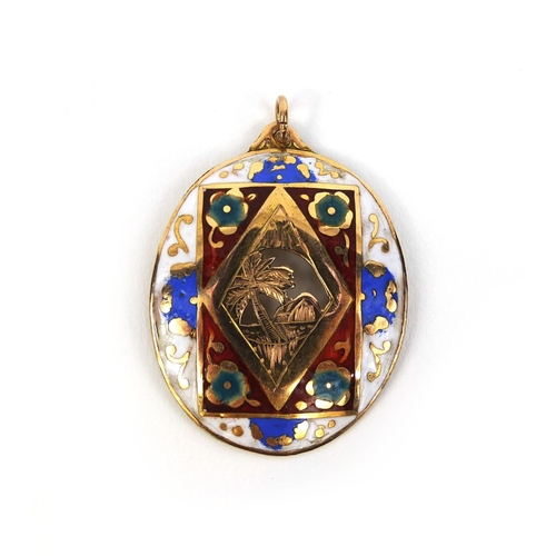 836 - Gold coloured metal enamelled pendant decorated with a palm tree and a hut, 3.5cm long, approximate ... 