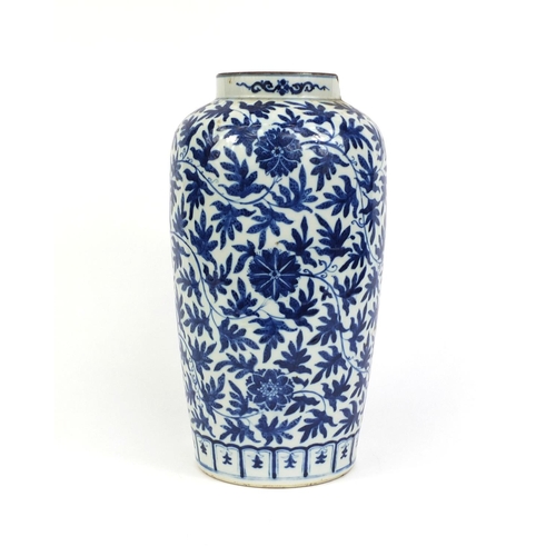 400 - Chinese blue and white porcelain vase, hand painted with flowers and scrolling foliage, 33cm high