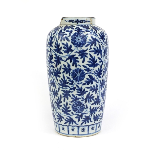 400 - Chinese blue and white porcelain vase, hand painted with flowers and scrolling foliage, 33cm high