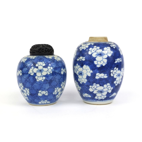 389 - Two Chinese blue and white porcelain jars, one with carved hardwood lid, both hand painted with Prun... 