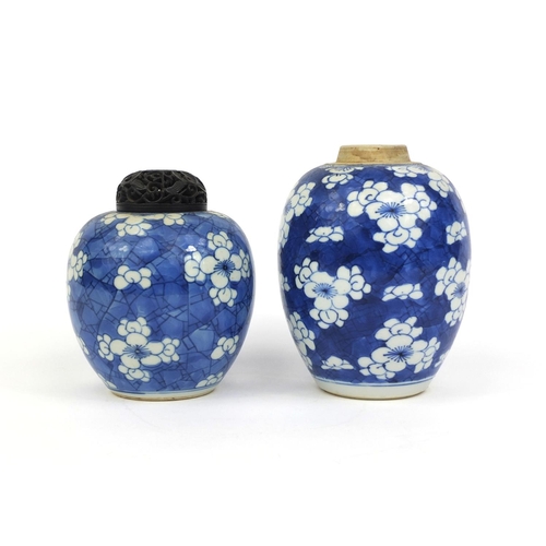 389 - Two Chinese blue and white porcelain jars, one with carved hardwood lid, both hand painted with Prun... 