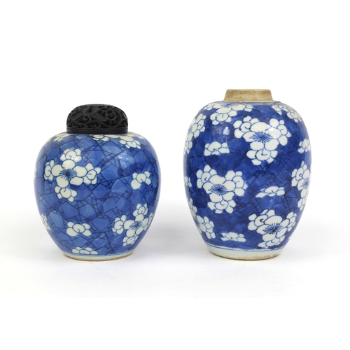 389 - Two Chinese blue and white porcelain jars, one with carved hardwood lid, both hand painted with Prun... 