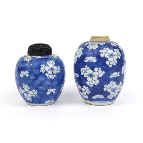 389 - Two Chinese blue and white porcelain jars, one with carved hardwood lid, both hand painted with Prun... 