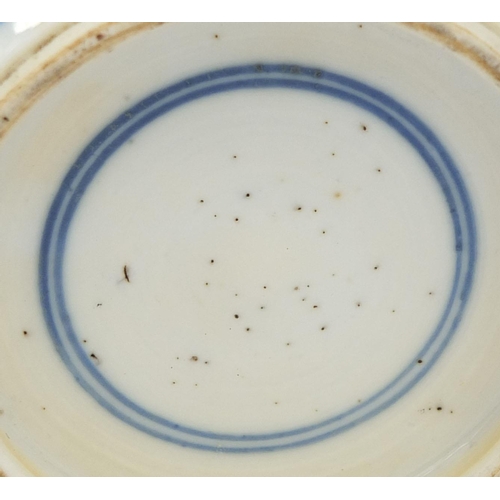 389 - Two Chinese blue and white porcelain jars, one with carved hardwood lid, both hand painted with Prun... 