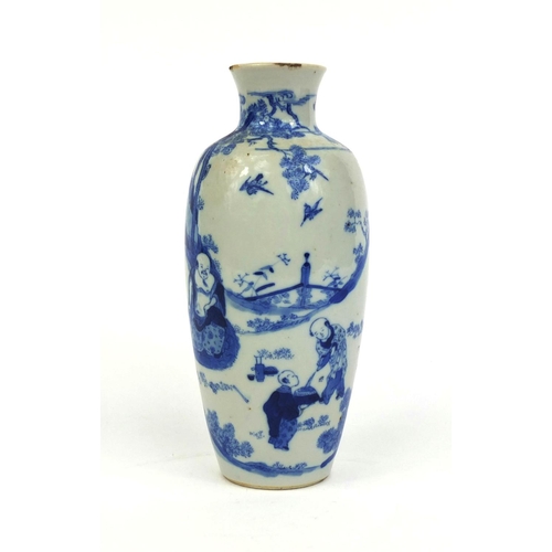 394 - Chinese blue and white porcelain vase, hand painted with figures in a landscape with birds amongst f... 