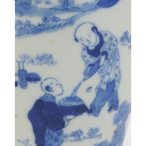 394 - Chinese blue and white porcelain vase, hand painted with figures in a landscape with birds amongst f... 