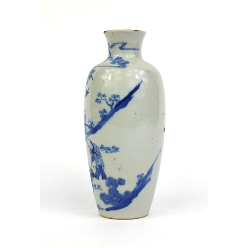 394 - Chinese blue and white porcelain vase, hand painted with figures in a landscape with birds amongst f... 