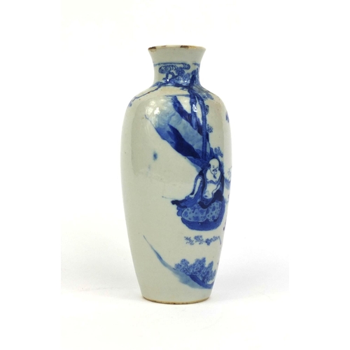 394 - Chinese blue and white porcelain vase, hand painted with figures in a landscape with birds amongst f... 