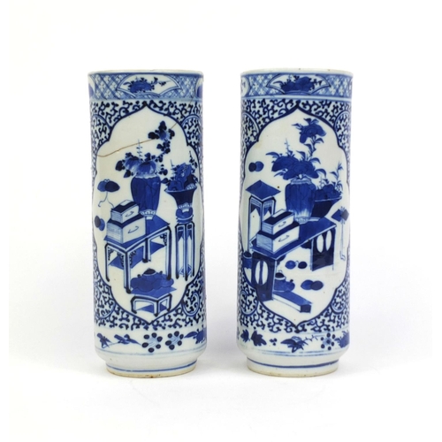 402 - Pair of Chinese blue and white porcelain cylindrical spill vases, each hand painted with panels of s... 