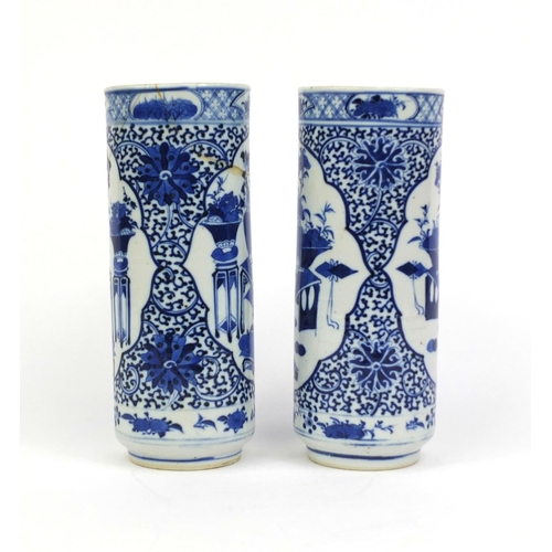 402 - Pair of Chinese blue and white porcelain cylindrical spill vases, each hand painted with panels of s... 