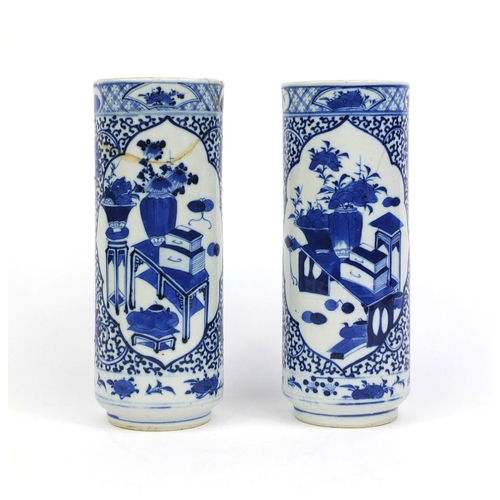 402 - Pair of Chinese blue and white porcelain cylindrical spill vases, each hand painted with panels of s... 