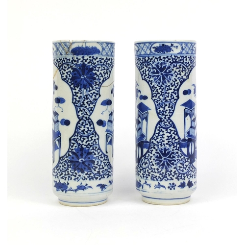 402 - Pair of Chinese blue and white porcelain cylindrical spill vases, each hand painted with panels of s... 