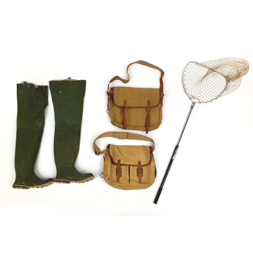 122 - Group of Hardy Bros fishing equipment comprising an extending landing net, two canvas and leather ta... 