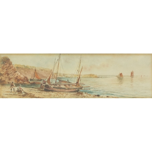 1037 - Watercolour onto card, moored fishing boats, bearing an indistinct signature, mounted and framed, 24... 