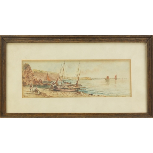 1037 - Watercolour onto card, moored fishing boats, bearing an indistinct signature, mounted and framed, 24... 