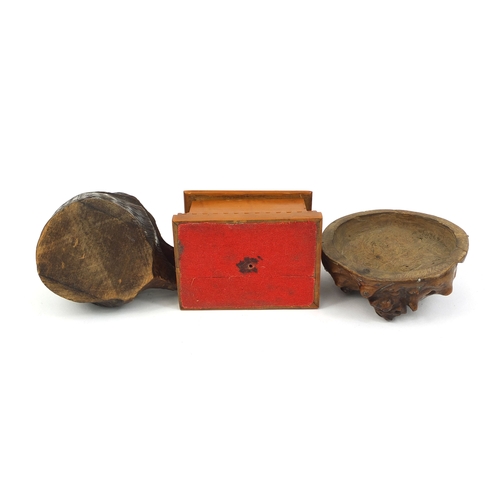 22 - Group of treen including black forest bears head stamp box and a carved yew wood study of a mastiff,... 