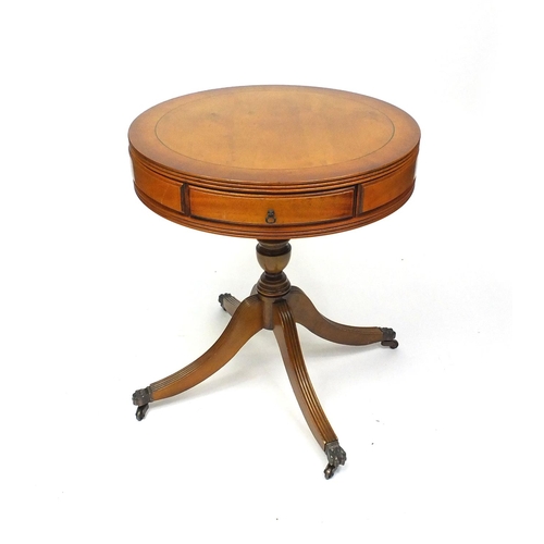 12 - Circular yew wood drum table with two frieze drawers, 57cm high x 50cm in diameter