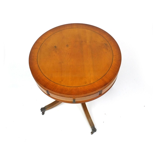 12 - Circular yew wood drum table with two frieze drawers, 57cm high x 50cm in diameter