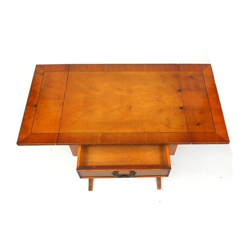 37 - Inlaid yew wood drop leaf table on lyre supports, 52cm high x 47cm wide (folded) x 38cm deep