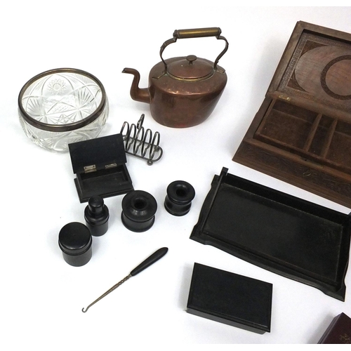 194 - Wooden and metal items including a black forest jewellery box with a selection of costume jewellery,... 