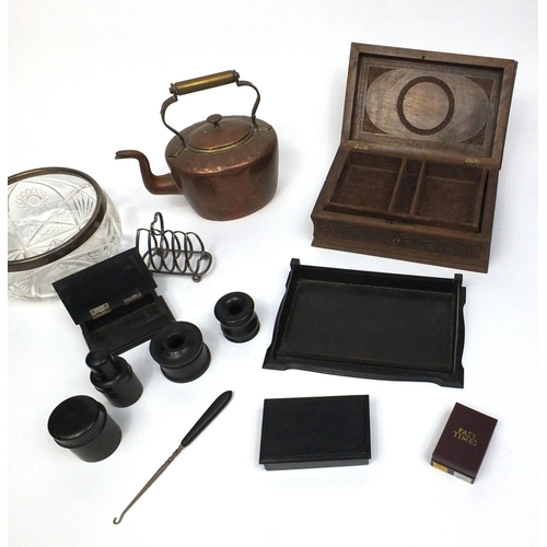 194 - Wooden and metal items including a black forest jewellery box with a selection of costume jewellery,... 