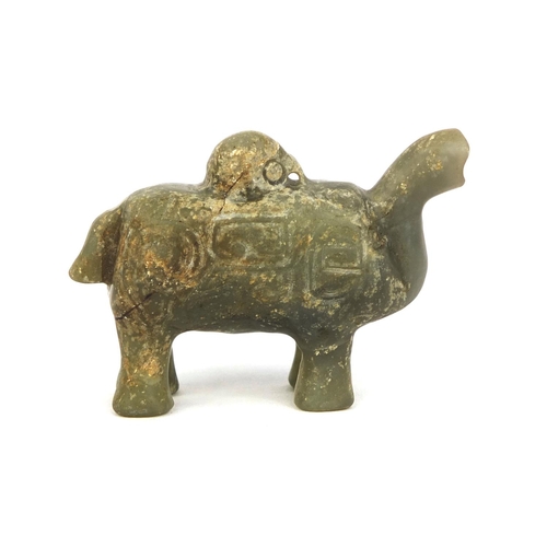 436 - Chinese carved green jade elephant pendant with incised stylised decoration, possibly Ming dynasty o... 