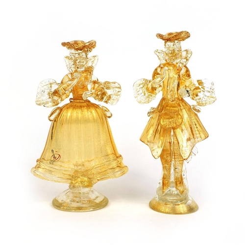 592 - Pair of Artistico Murano gold flecked harlequins, one with original label, the largest 20.5cm high