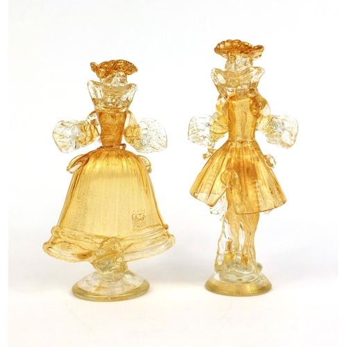 592 - Pair of Artistico Murano gold flecked harlequins, one with original label, the largest 20.5cm high