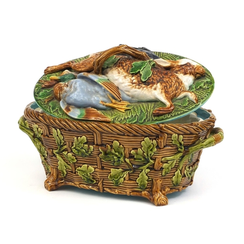 530 - Victorian Minton Majolica game tureen and cover, the tureen with basket weave design, the lid decora... 