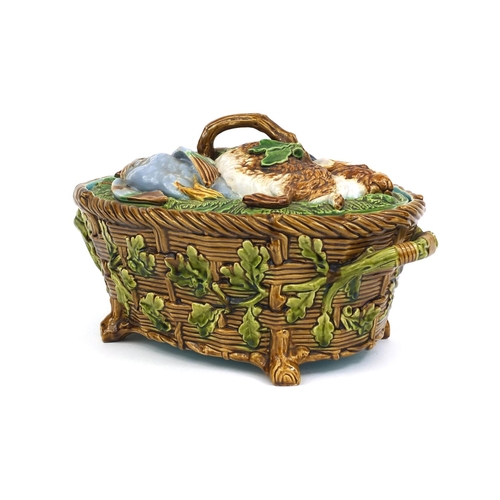 530 - Victorian Minton Majolica game tureen and cover, the tureen with basket weave design, the lid decora... 