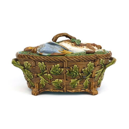 530 - Victorian Minton Majolica game tureen and cover, the tureen with basket weave design, the lid decora... 