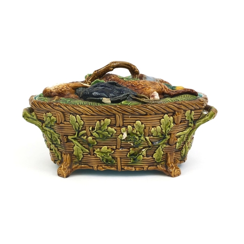 530 - Victorian Minton Majolica game tureen and cover, the tureen with basket weave design, the lid decora... 