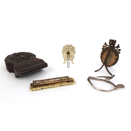45 - Group of objects including a silver napkin ring in the form of a pheasant mounted on a wishbone, a c... 
