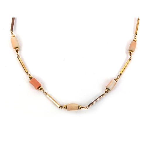 834 - 9ct gold and pink coral necklace, 70cm long, approximate weight 13.6g