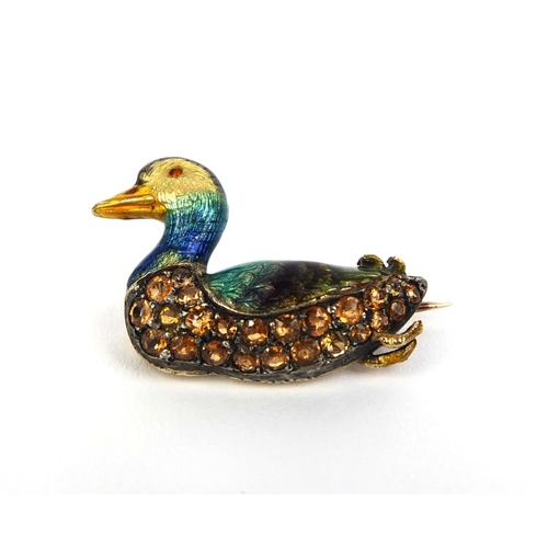 847 - Oriental gold coloured metal and enamel duck brooch set with colourful glass stones, indistinct stam... 