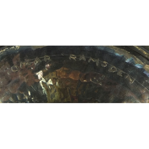 648 - Omar Ramsden silver chalice with planished decoration and lion mask stem, engraved Omar Ramsdon Me F... 