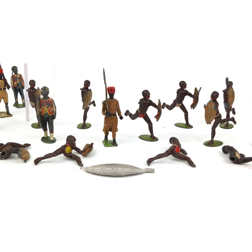 256 - Group of mostly Britain's hand painted lead soldiers and Zulu warriors including some with moveable ... 