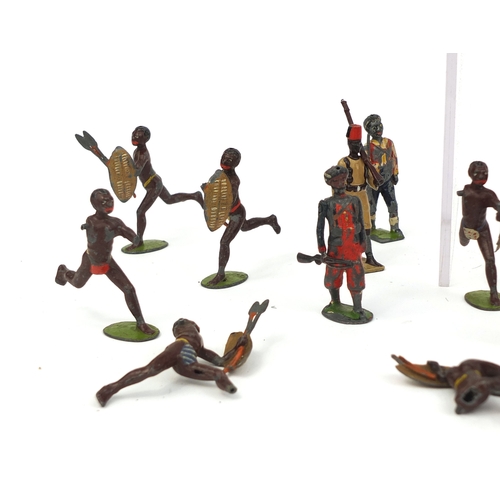 256 - Group of mostly Britain's hand painted lead soldiers and Zulu warriors including some with moveable ... 