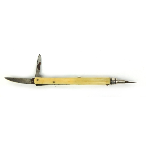 81 - S Mordan & Co ivory combination propelling pencil, dip pen and folding knives, 10.5cm in length when... 