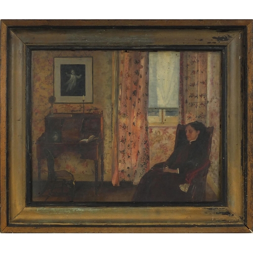 1012 - Oil onto card, seated sleeping lady in an interior, framed, 50cm x 39cm excluding the frame