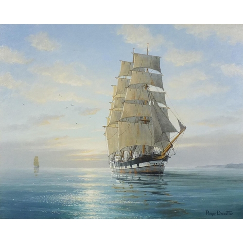 916 - Roger Desoutter - Oil onto canvas, clipper at sea just off the coast, inscribed No.576.13-8-92 verso... 