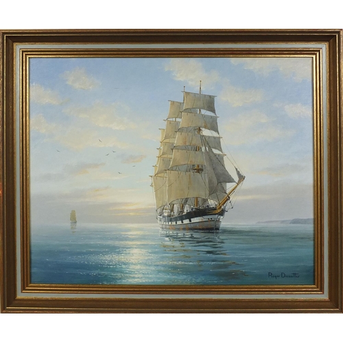 916 - Roger Desoutter - Oil onto canvas, clipper at sea just off the coast, inscribed No.576.13-8-92 verso... 